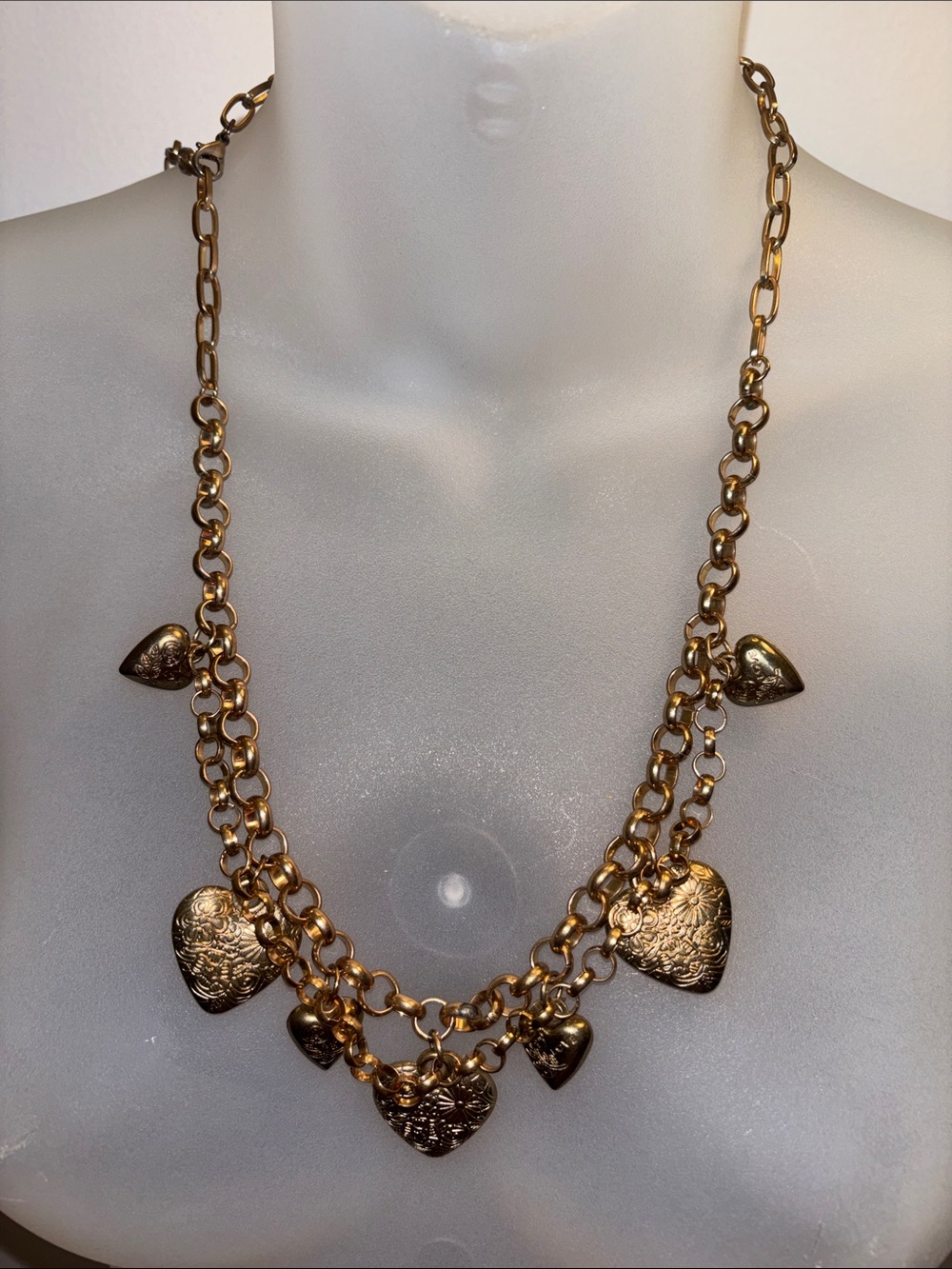 Vintage Gold Heart Charm Double-Link Necklace
